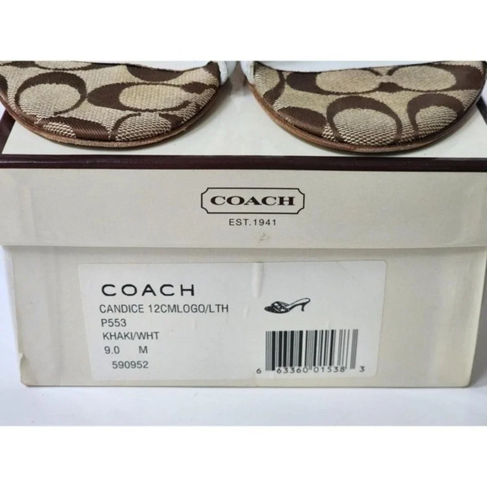 Coach Candice Khaki White Monogram Studded Kitten Heel Sandals P553 Size 9